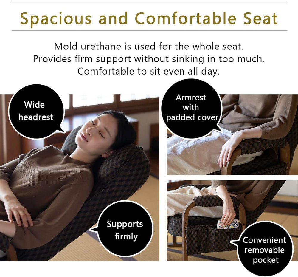 EMOOR Tatami Chair Japanese-Style Chair RYOKAN (Brown), Wooden Armrest & ...
