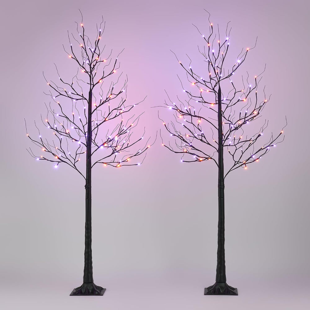 6FT LED Lighted Halloween Tree 2-Pack Orange Purple Lights Décor