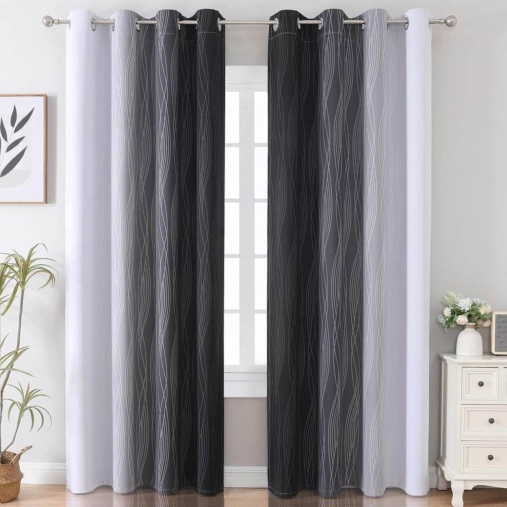 Black and Greyish White Ombre Blackout Curtains for Bedroom 52x84 Inch Long