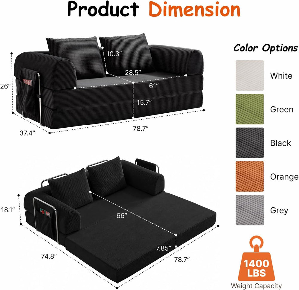 78" Convertible Sofa Bed, Corduroy Pull Out Couch with Fixed Frame &...
