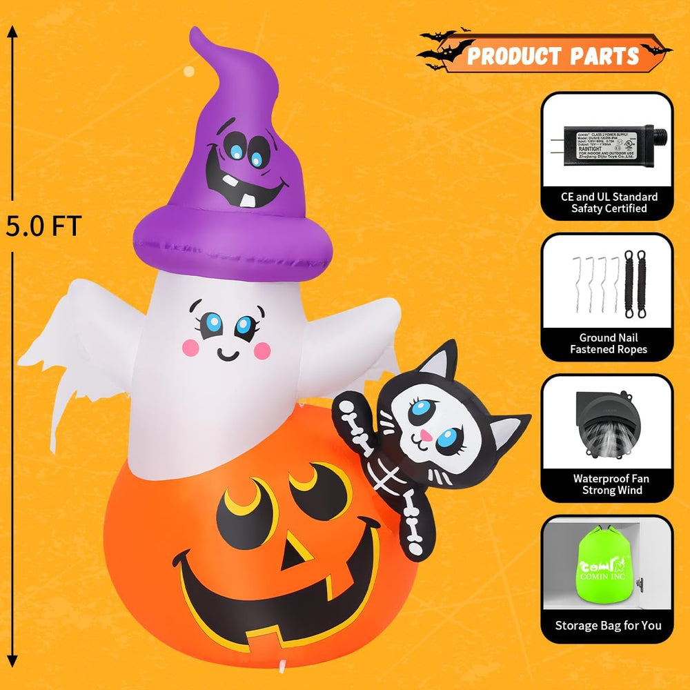 COMIN 5 FT Halloween Inflatables Pumpkin Ghost Cat Outdoor Decorations Blow U...