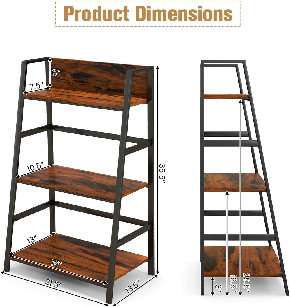 Tangkula 3-Tier Ladder Bookshelf, Industrial Wooden Bookcase w/Metal Frame, A...