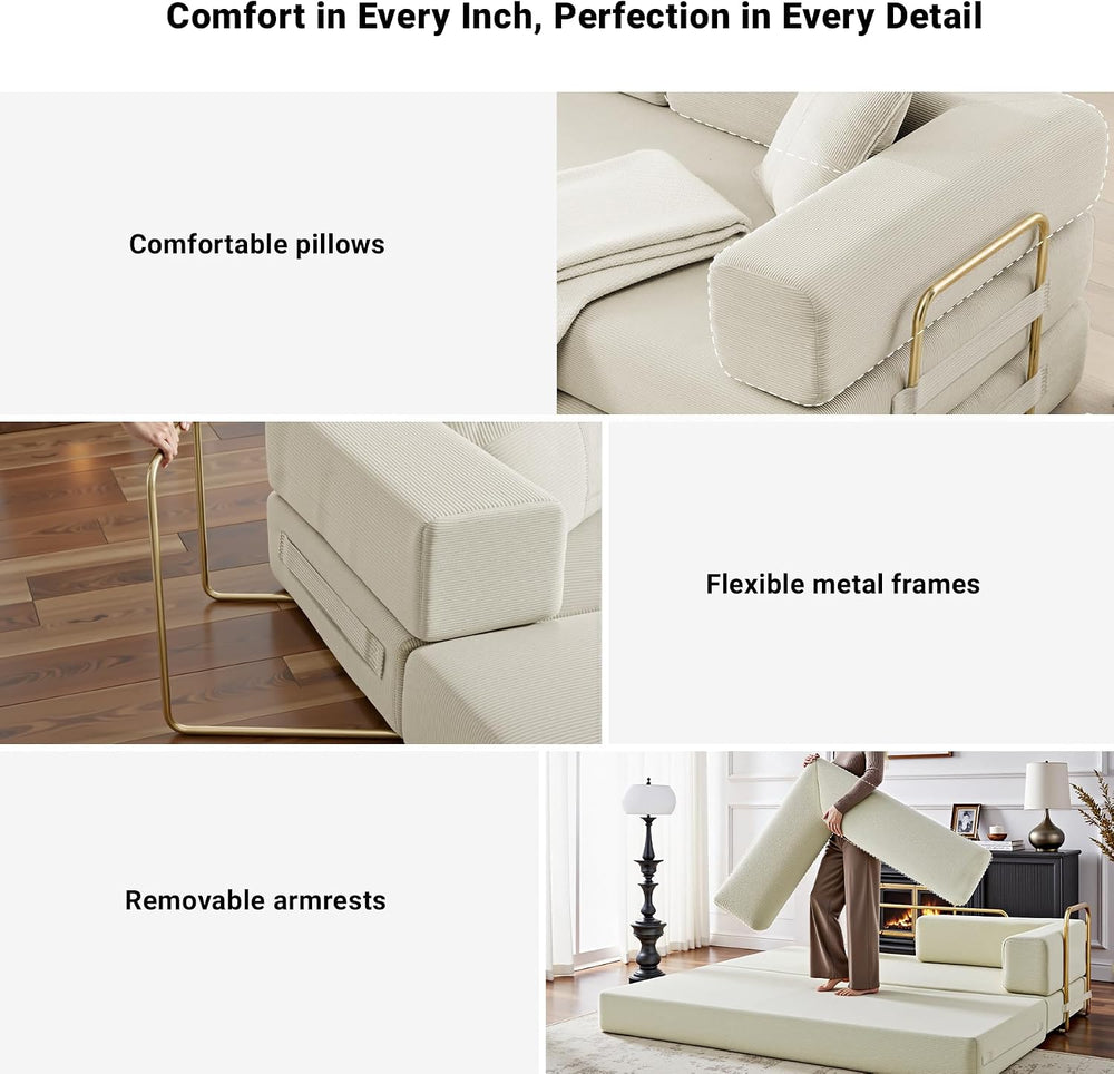 79" Convertible Sleeper Sofa Bed, Corduroy Folding Sofa Bed with Fixed-S...