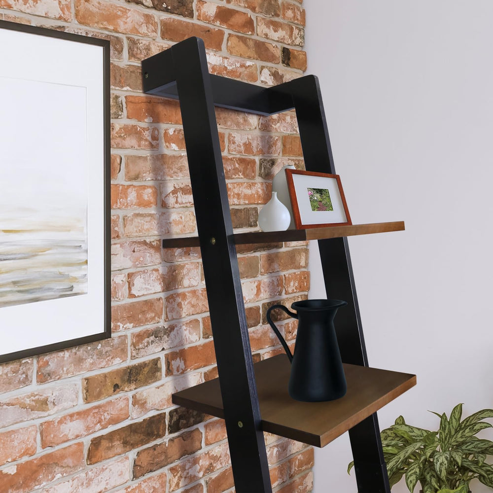 Kavari 5-Tier Leaning Ladder Bookcase with Solid American Gum Shelves - Black...