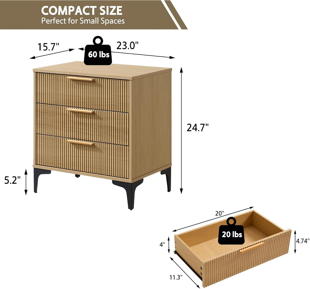 Fluted Nightstand, 23" Wide Accent Side Table with 3 Large Storage Drawers