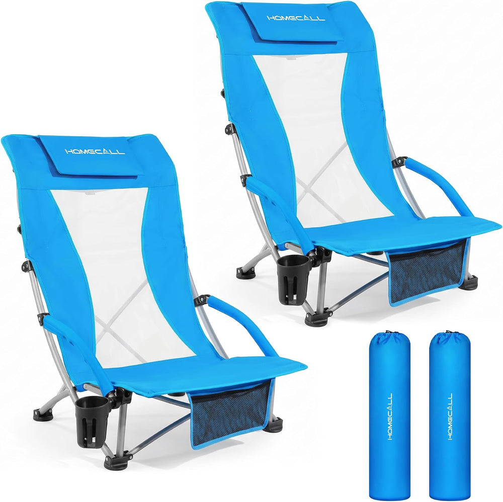 2 Pack Low Beach Chairs for Adults with High Back, Support 400LBS