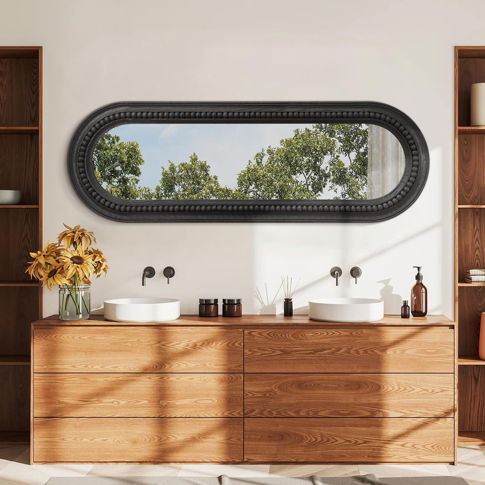 Oval Full Length Mirror with Beaded Wood Framed Black Decorative Large Wall M...