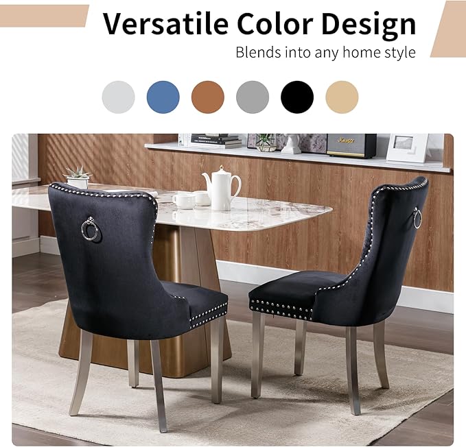 Luxury Upholstered Dining Chairs Set of 6, Black Kitchen Chair with Silver Me...