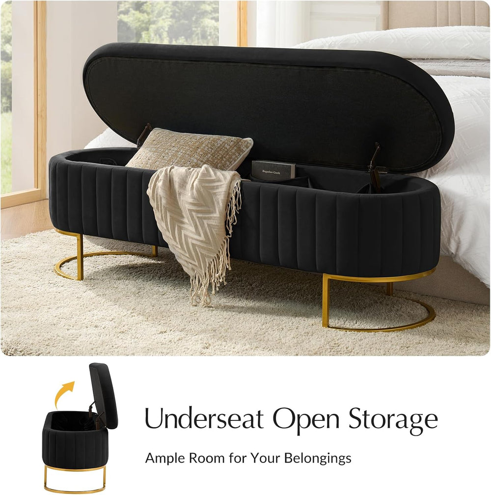 55.5" Velvet Upholstered Storage Bench with Channel Tufted Seat and Meta...