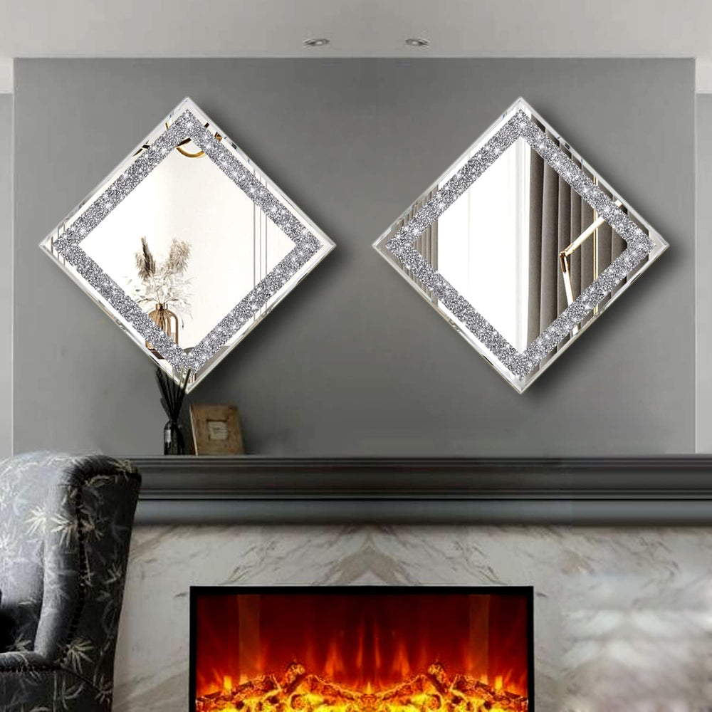 2 Piece Wall Mirrors, Crush Diamond Mirrors Decor, Silver Decorative for Livi...