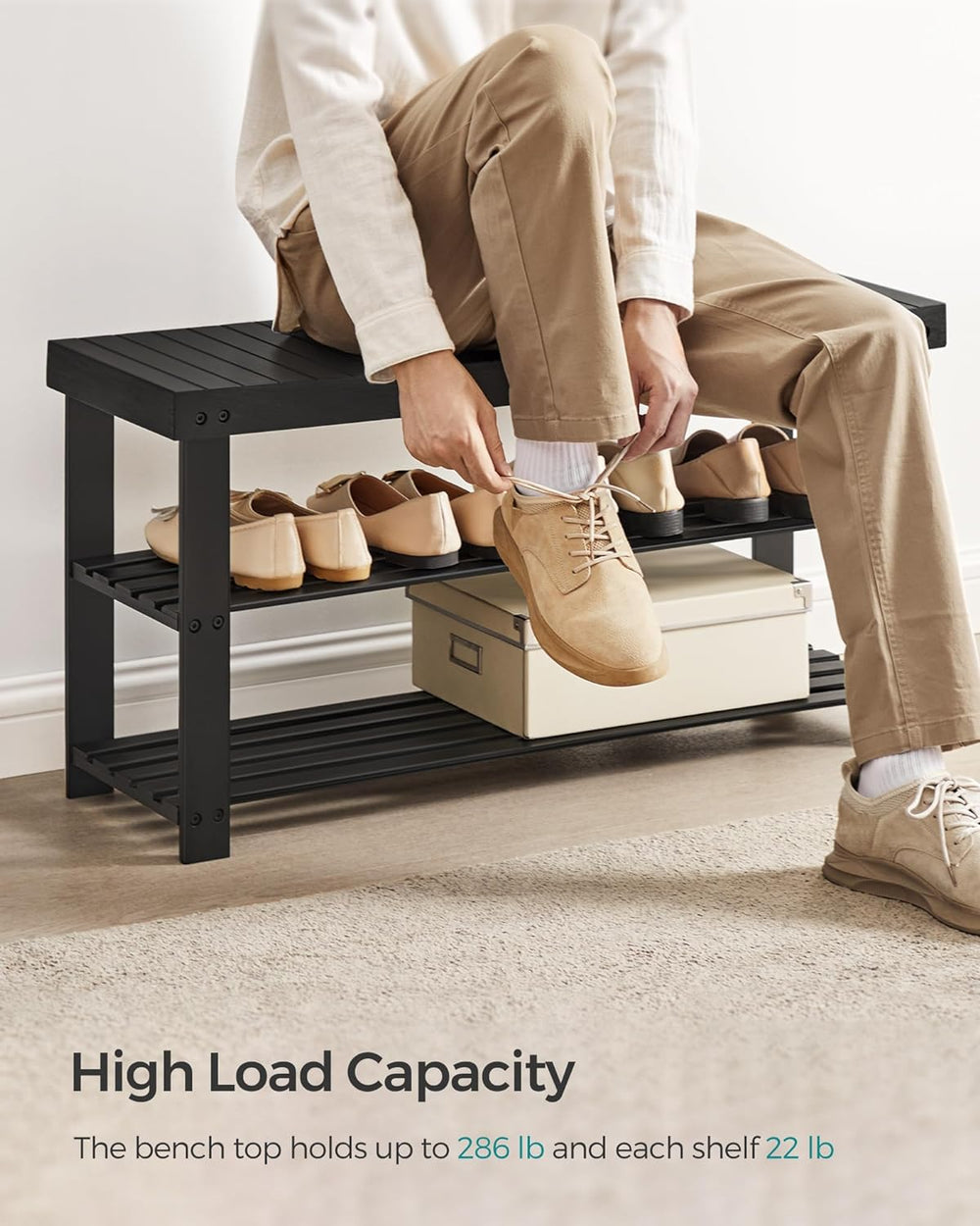 SONGMICS Shoe Rack Bench, 3-Tier Bamboo Entryway Bench, 35.4 Inches Width