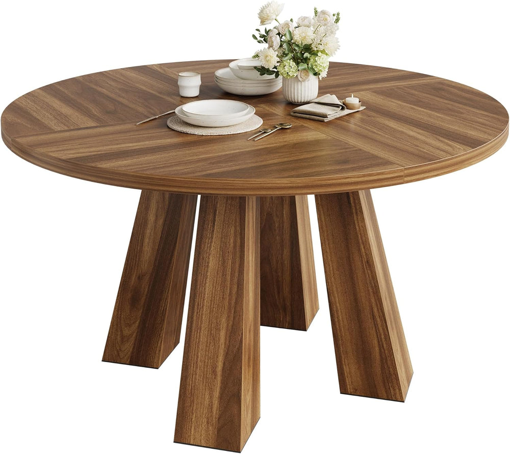 47 Inch Round Farmhouse Dining Table for 4-6, Heavy-Duty 4-Leg Sturdy Wood Ki...