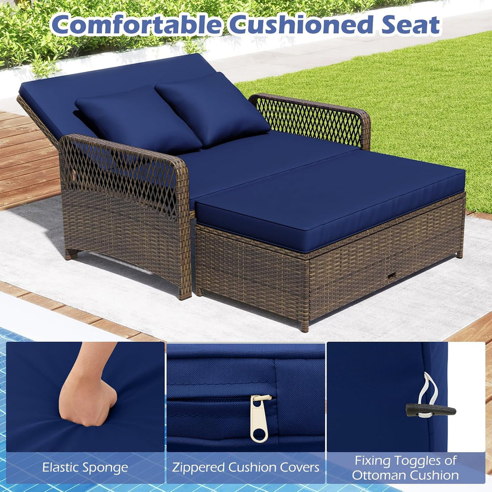 Tangkula Patio Rattan Daybed with 4-Level Adjustable Backrest, Navy