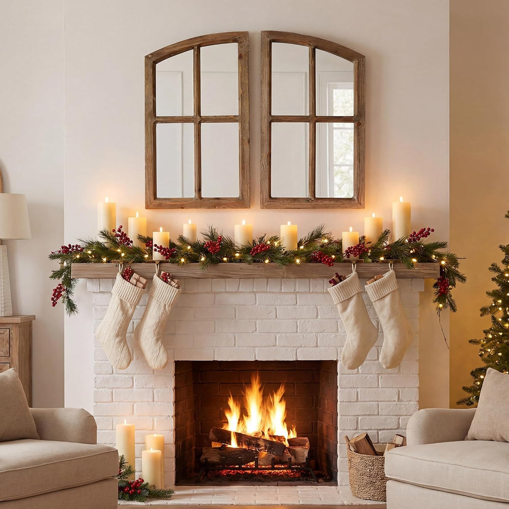 Farmhouse Arched Window Wall Mirrors with Rustic Wood Frame