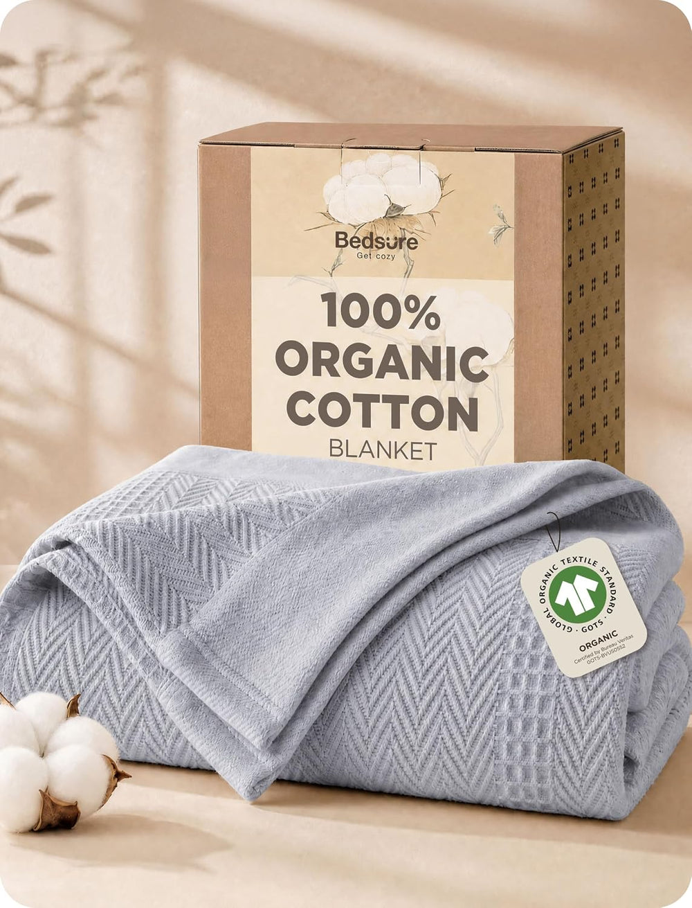 Bedsure PureWoven 100% Organic Cotton Waffle Soft Bed Blanket, Queen, Grey