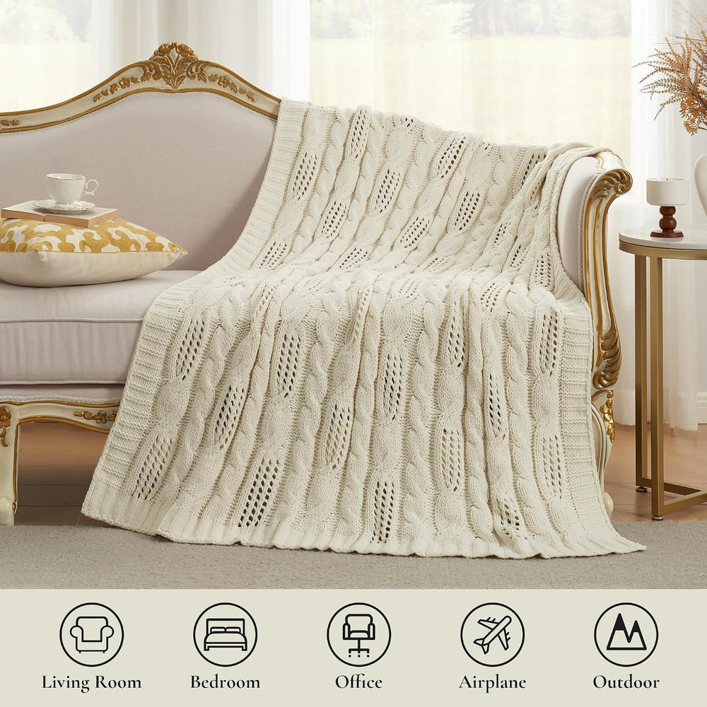 Amélie Home Cable Knit Chenille Throw Blanket, Cream White 60×80