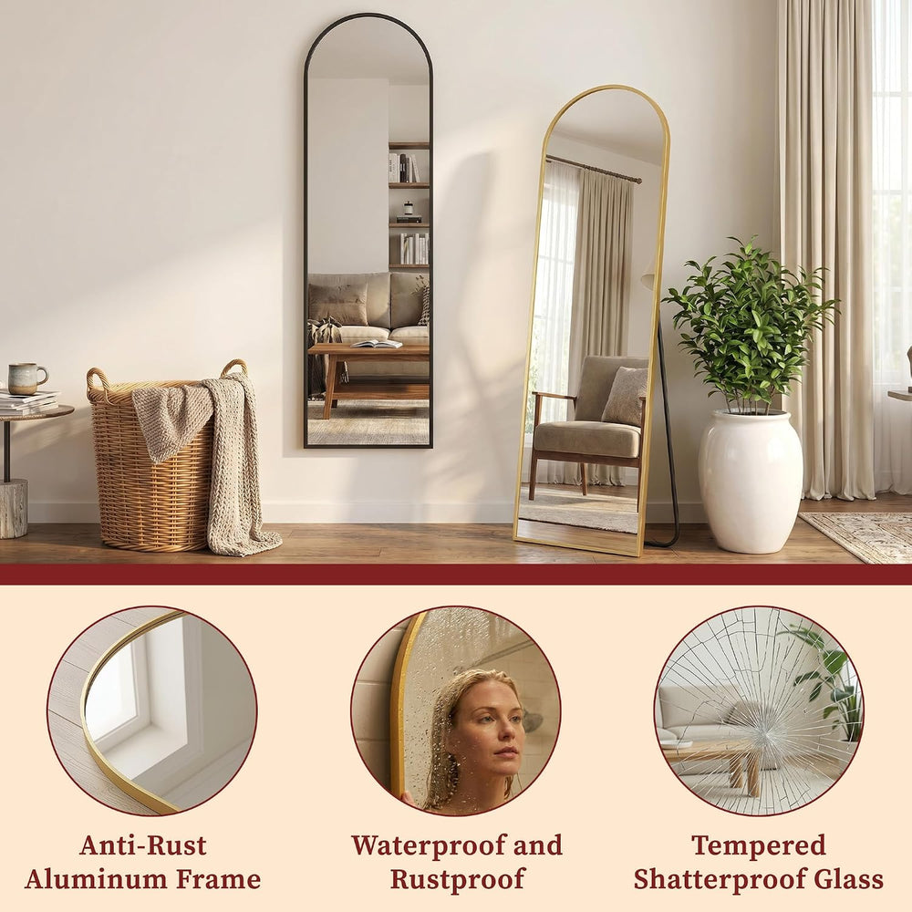Suidia 56"x15" Arched Full Length Mirror With Stand, Gold Floor Mirror