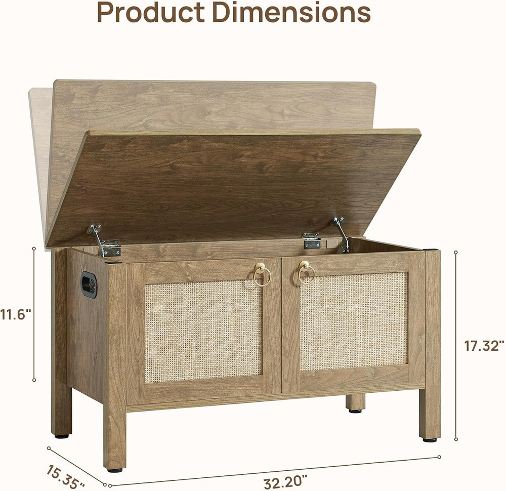SICOTAS Rattan Storage Bench Boho Storage Chest with 2 Safety Hinges | Wood S...