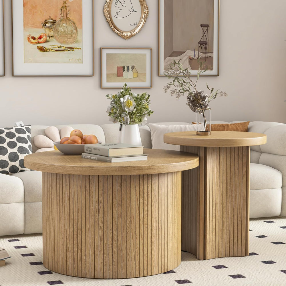 Mxtxmy Set of 2 Nesting Coffee Tables Farmhouse,Round Coffee Table Living Roo...