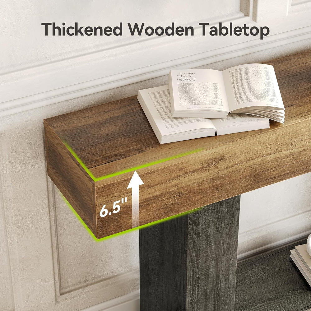 LITTLE TREE 63 Inches Long Console Table, 2-Tier Farmhouse Sofa Table Behind ...
