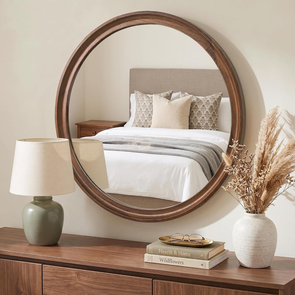 FICTOR Round Wood Mirror, 26" Circle Mirrors for Wall Decor, Walnut Brown