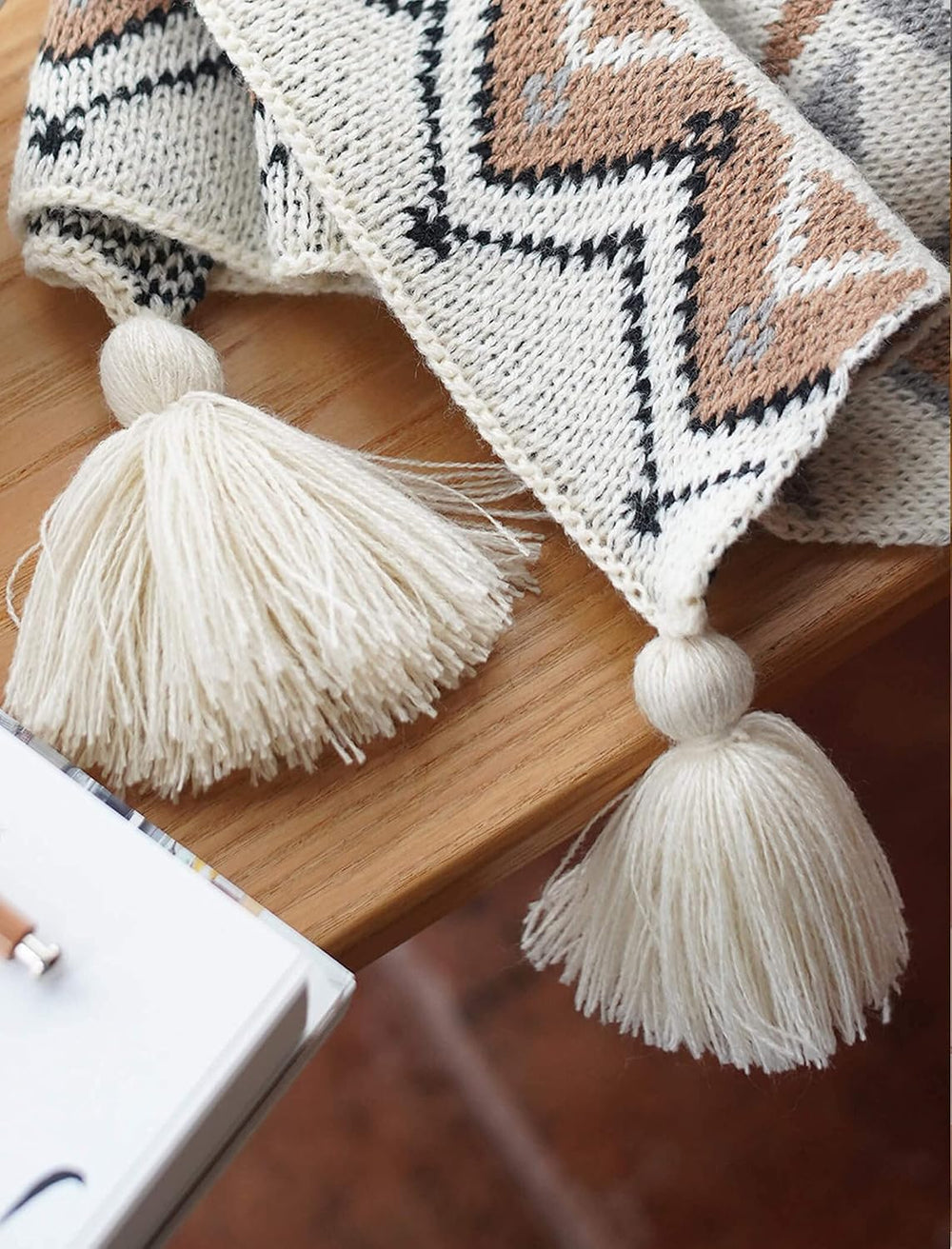 Boho Throw Blanket, Knitted Brown Tassel Throw Blankets, Soft Lightweight Vin...