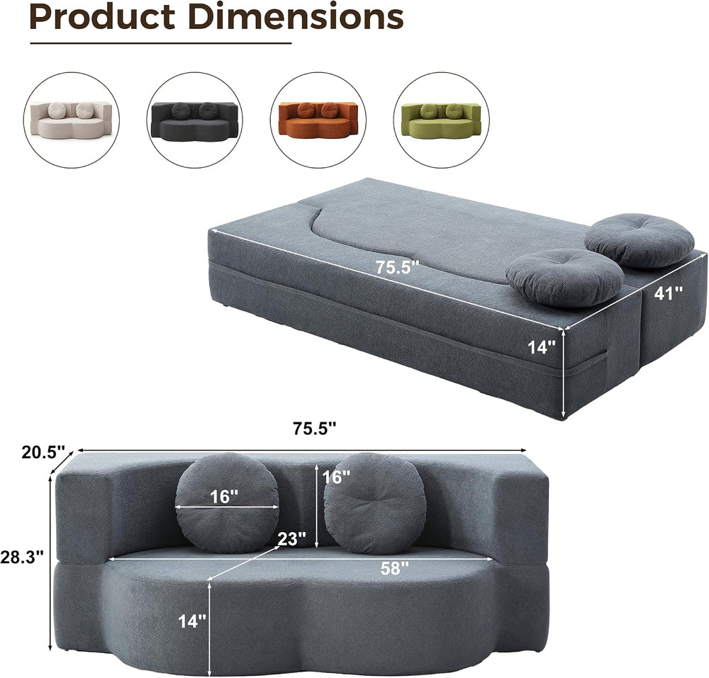 75.5" Boneless Couch Futon Sofa Bed, 2-in-1 Sleeper Sofa, Gray