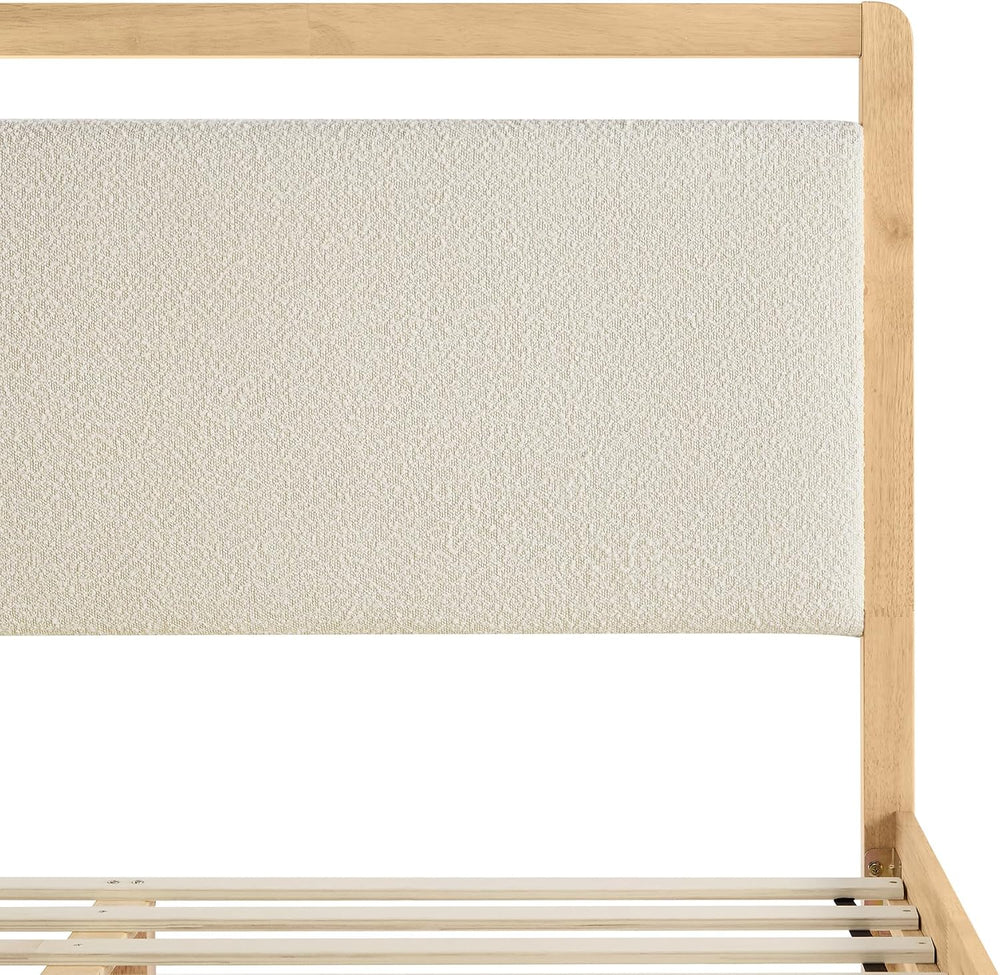 KISLOT Queen Wood Platform Bed Frame with Boucle Upholstered Headboard, Mid-C...