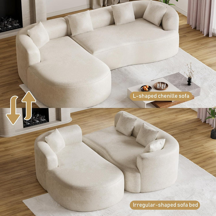 Luxury Modern Tight Curved Back Sofa, 111" Minimalist Style Comfy Couch for Living Room, 4 Seater Modular Chenille Sectional with 4 Throw Pillows,No Assembly Needed,Cream White(Left-Facing Chaise)