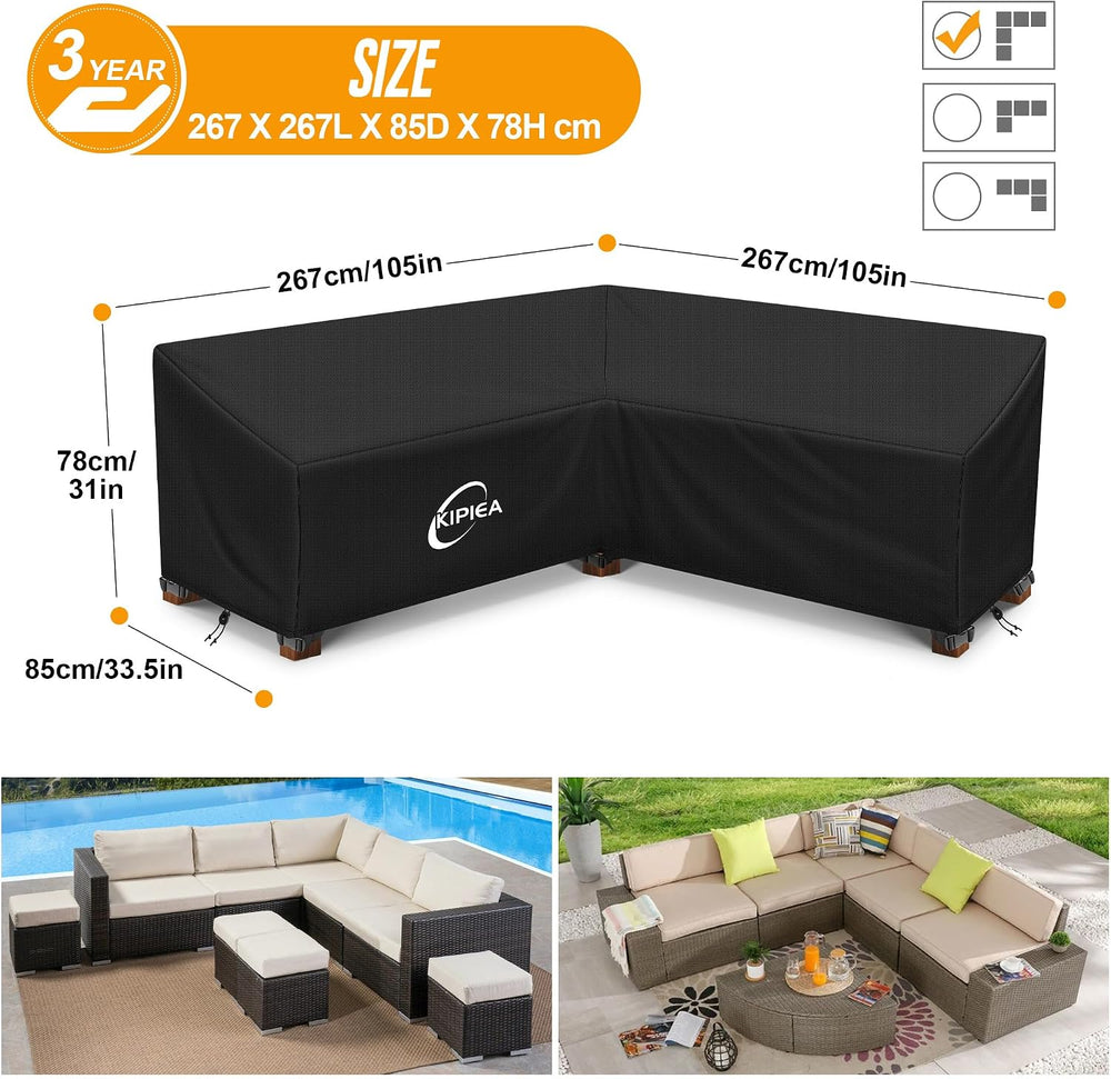 Kipiea Patio V-Shaped Sectional Sofa Cover, 420D Heavy-Duty Oxford Fabric Out...