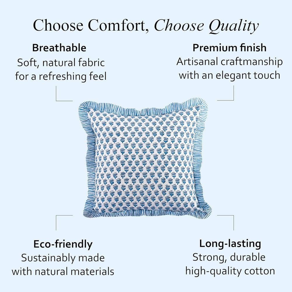 CPC Apatite Blue Block Print Ruffle Pillow Cover 18x18 Inch, Pack of 2