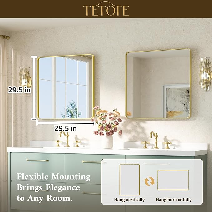 TETOTE Brushed Gold Bathroom Mirror 30 x 30 Gold Metal Framed Bathroom Mirror...