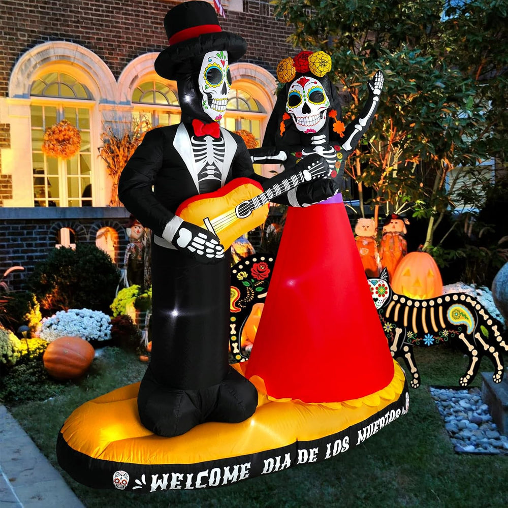 6 FT Halloween Inflatables Decor Day of The Dead Spooky Sugar Skull Couple Al...