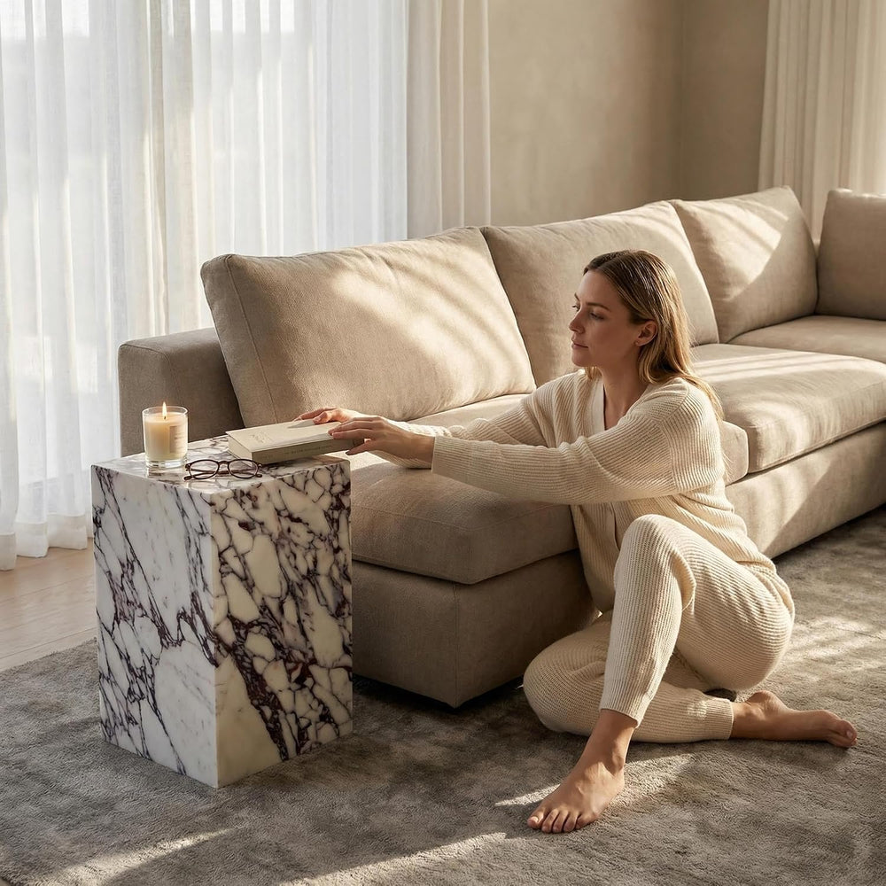 Natural Calacatta Viola Marble Side Table, 11.8" Square End Table for Li...