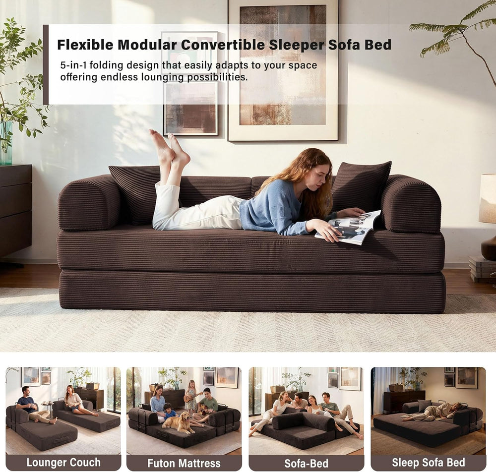 79" Convertible Sofa Bed, 5-in-1 Corduroy Boneless Couch Bed Sofa Pull O...