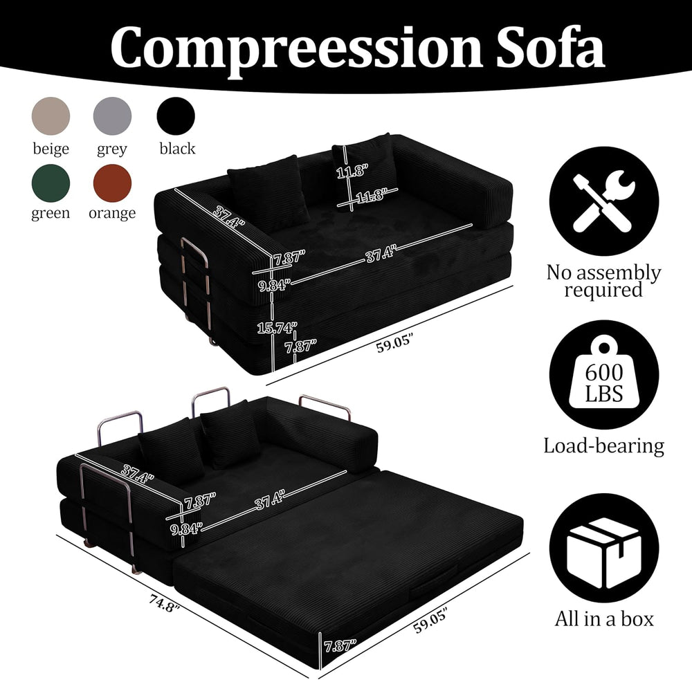 59 Inch Convertible Futon Sofa Bed, 5-in-1Sleeper Sofas Pull Out Couch, Bonel...