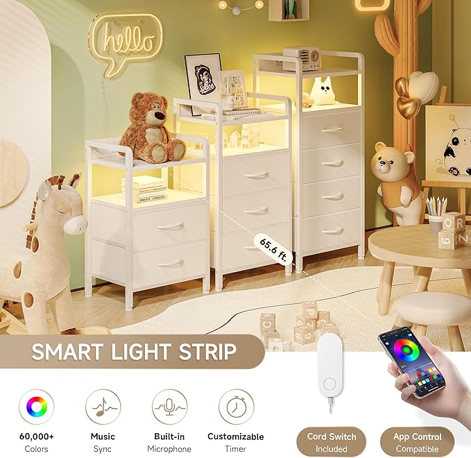Night Stand Bedside Table Bedroom - White Nightstand with Charging Station &a...