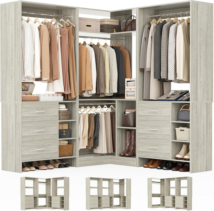 Aheaplus Closet System, Closet Organizer with 6 Drawers, (White Oak, 92.6")