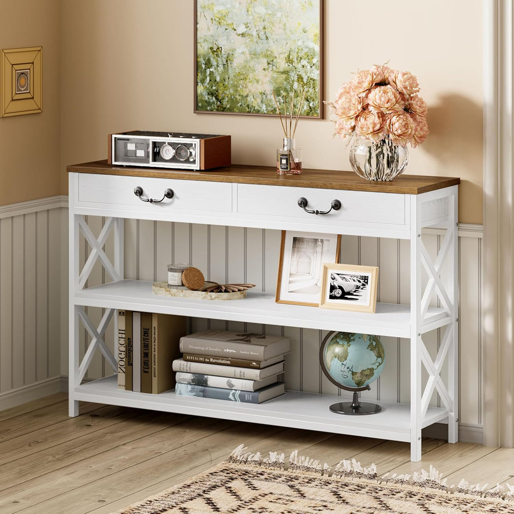 IRONCK 47.2" Farmhouse Console Table, Sofa Table with 2 Drawer, White