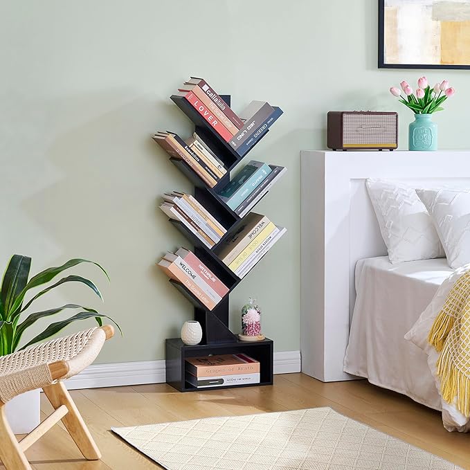 Hoctieon 6 Tier Tree Bookshelf, Tall Bookcase with Drawer, Freestanding Book ...