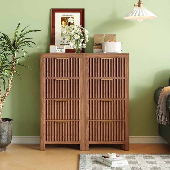 Mid-Century Fluted 8 Drawers Dresser, Modern Wooden Tall Dresser with Smooth Metal Handles, Storage Chest Clothes Organizer for Bedroom, Entryway & Office, Walnut X2