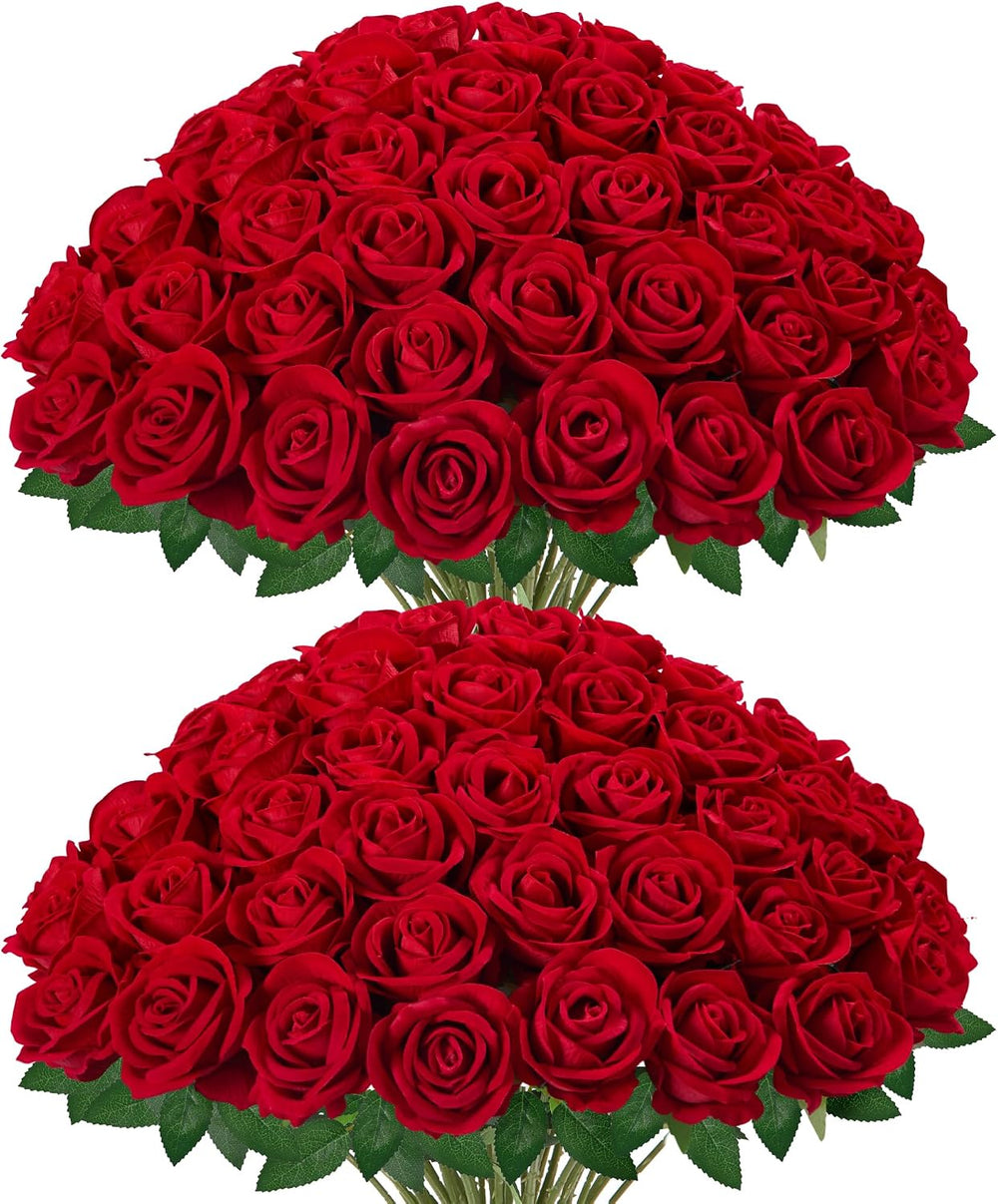 InnoGear Red Roses Artificial Flowers 50 Pcs Fake Velvet Silk Rose Floral