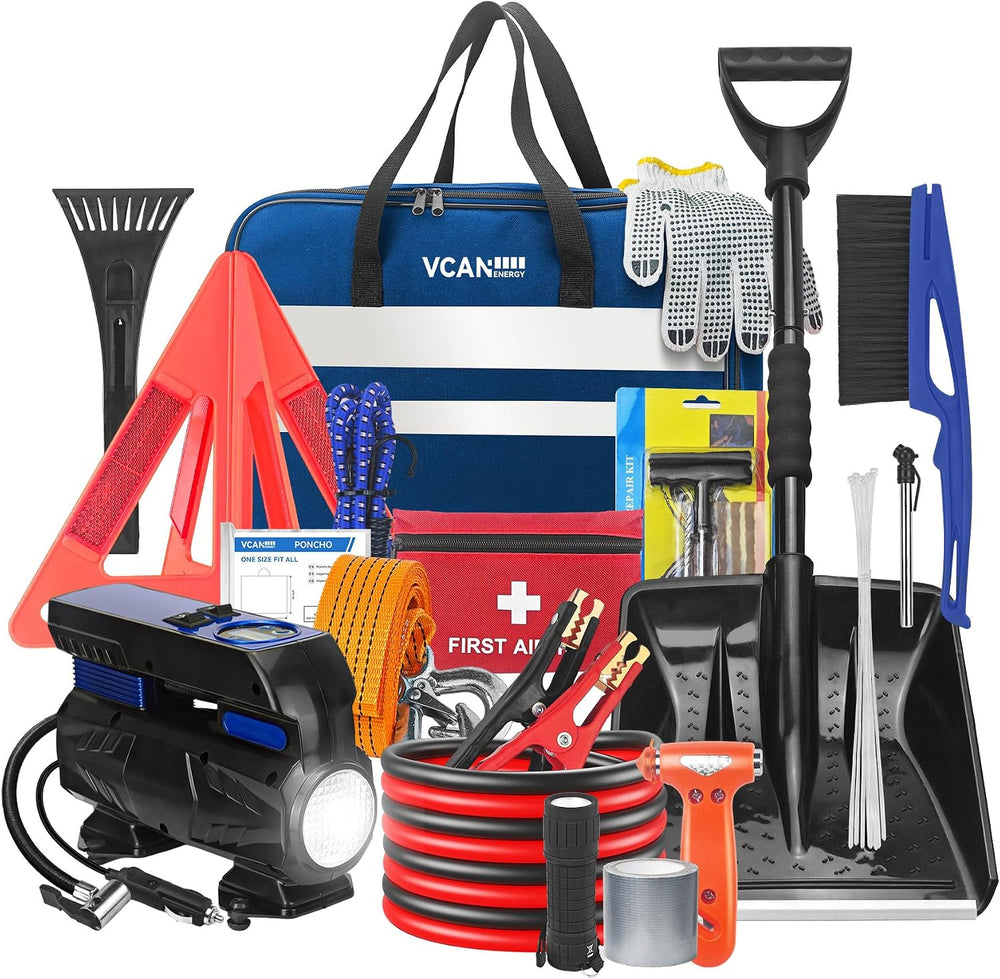 Car Emergency Safety Kit Bag with Digital Air Compressor,Jumper Cables,First ...