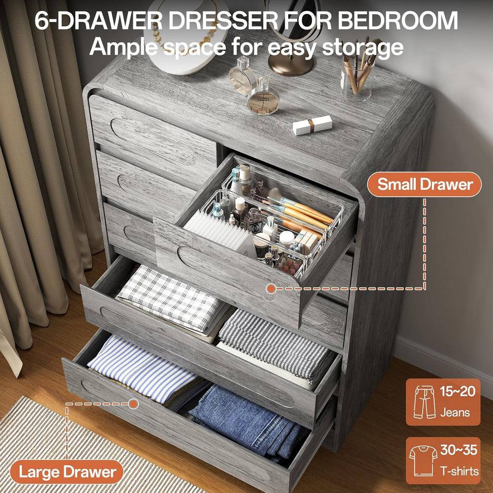 6 Drawer Grey Dresser, 44" Tall Chest of Drawers for Bedroom