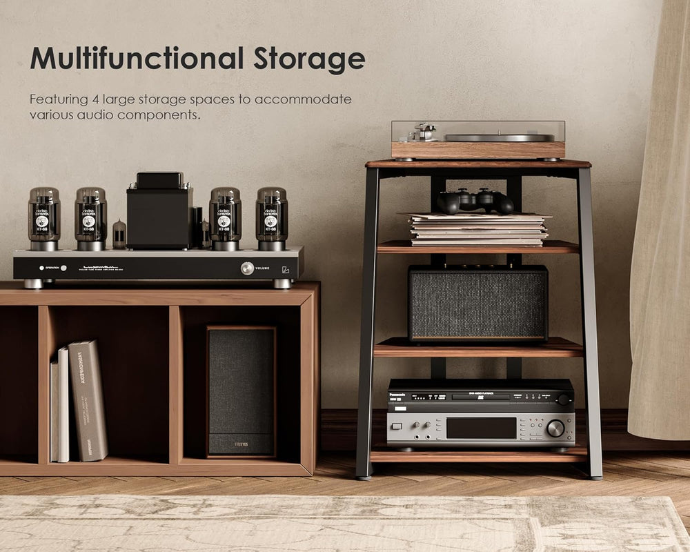 FITUEYES 4-Tier AV Media Stand Corner Shelf for Record Player Wooden Stereo C...