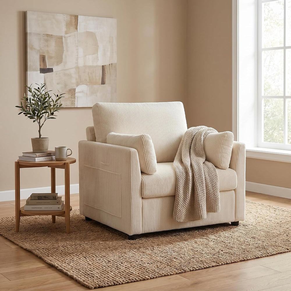 GRAVFORCE 37.75" Oversized Accent Chair with 2 Pillows, Beige, Corduroy