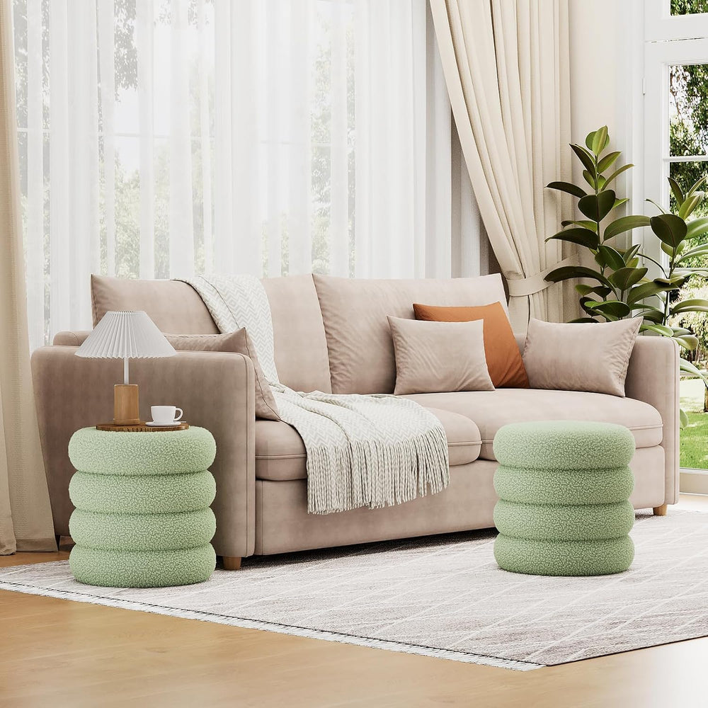 Soft Teddy Round Ottoman with Tray, 17.5 Inches Ottoman Coffee Table with Sto...