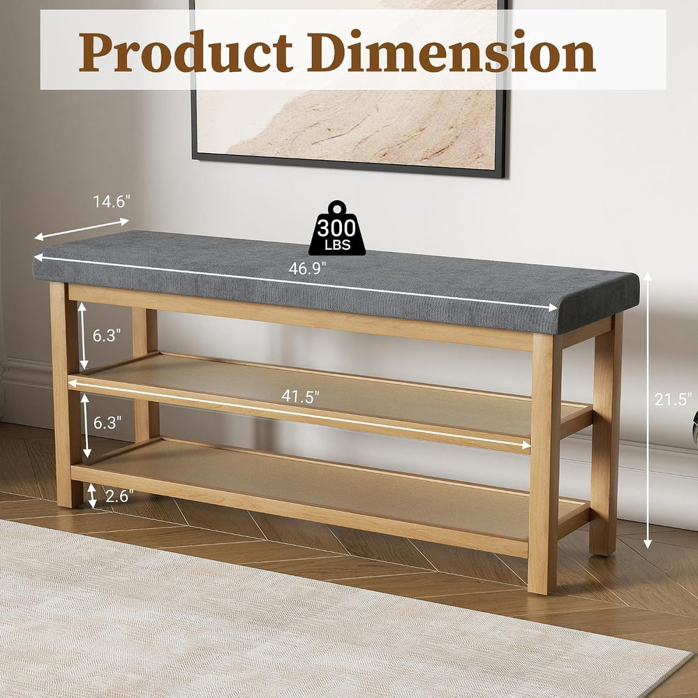 2 Tier Shoe Rack Bench with Cushion, Rubberwood Shoe Benches, Mid-Century Mod...