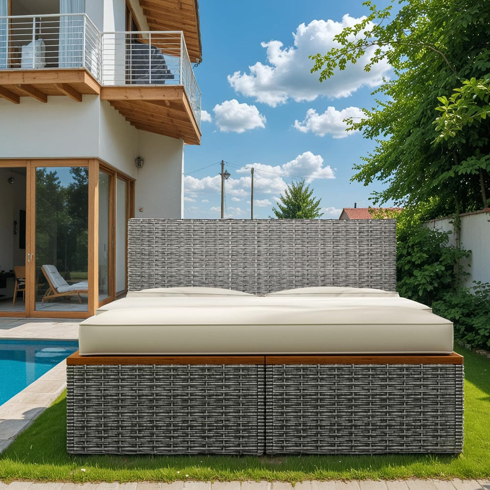 Flamaker Outdoor Rattan Daybed with 2 Side Tables, Wicker Patio Sofa
