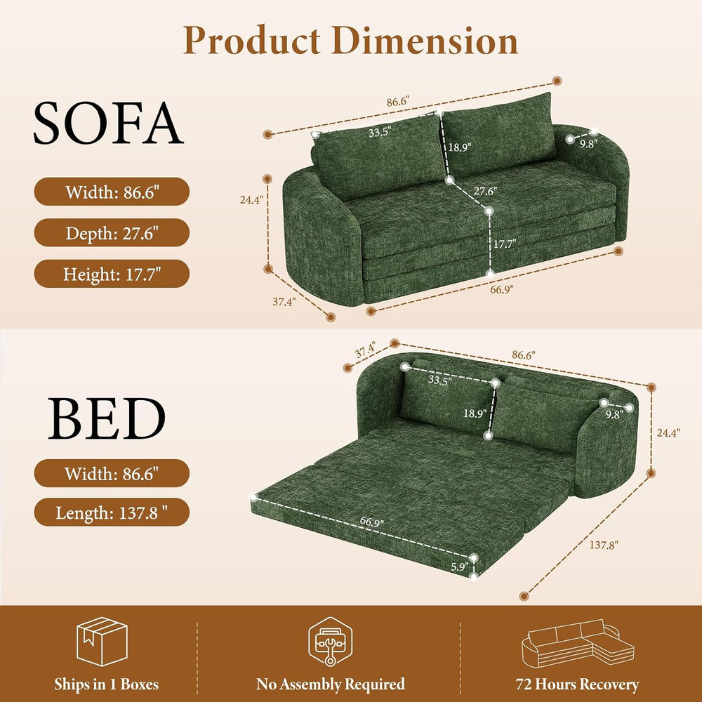 Vesgantti 86.6" Convertible Futon Sofa Bed, 2 in 1 Folding Couch, Green